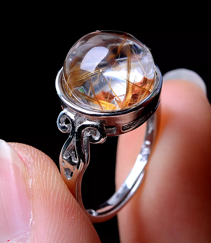 18.21CT BEAUTIFUL NATURAL CALCITE GOLD RUTILATED QUARTZ CRYSTAL RING ADJUSTABLE