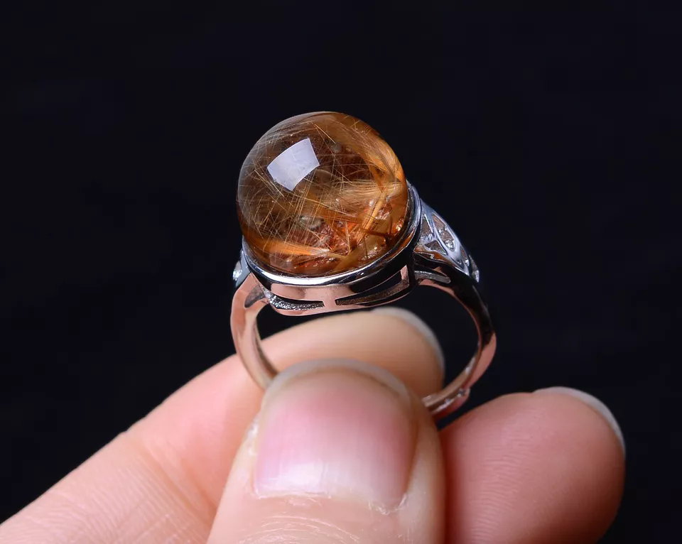 NATURAL GOLD HAIR RUTILATED QUARTZ CIRCULAR BEAD RING Silver Plated ADJUSTABLE