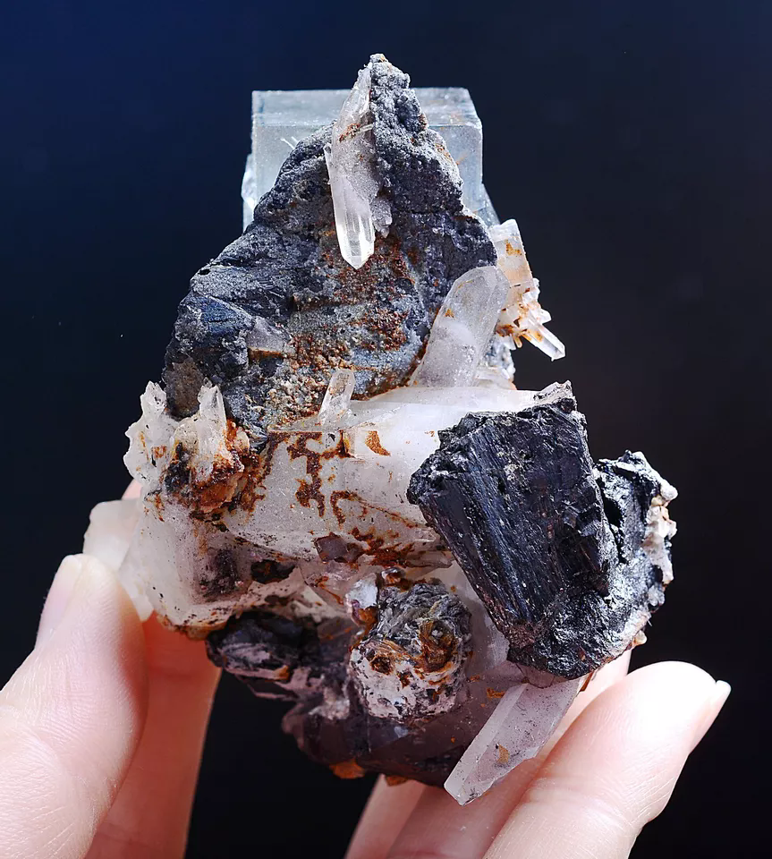 185g Natural Purple Fluorite & Wolframite Crystal Mineral Specimen/Yaogang xian