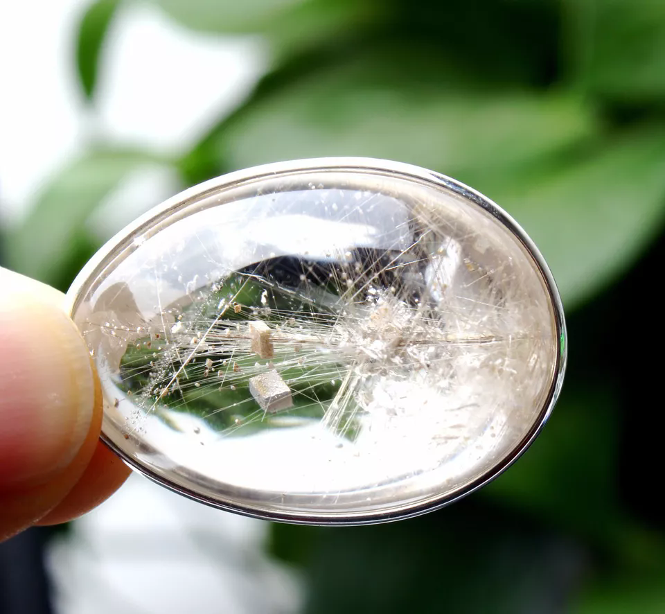 14.5g Rare Natural Gold Rutilated Quartz Crystal Calcite Silver Inlaid Pendant