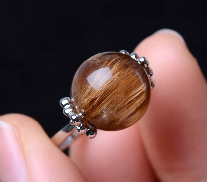 Natural Gold Rutilated Quartz Crystal Powerful Ring Silver Plated  Adjustable