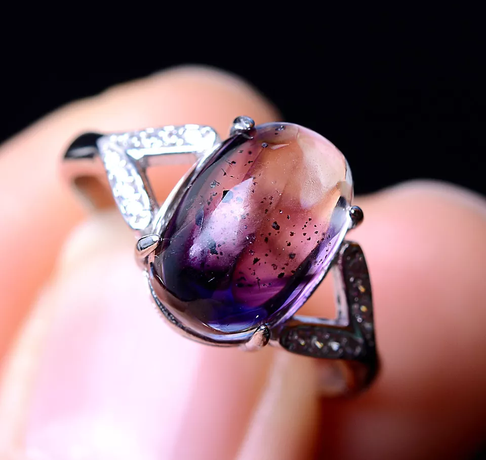 13.15ct Natural Quartz Crystal Amethyst Gem woman adjustable Ring Silver Inlaid