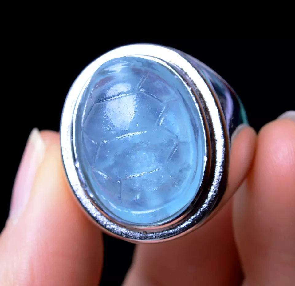 62.45CT NATURAL BLUE AQUAMARINE GEMSTONE BEAD CURE CARVING RING ADJUSTABLE