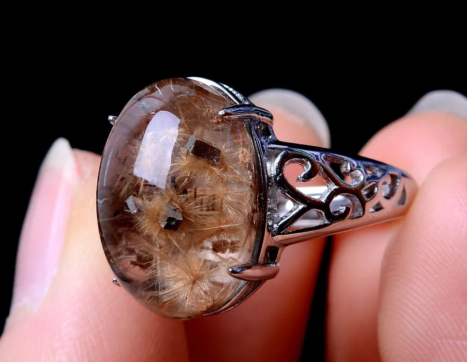 NATURAL CALCITE GOLD RUTILATED QUARTZ CRYSTAL RING SILVER INLAID ADJUSTABLE