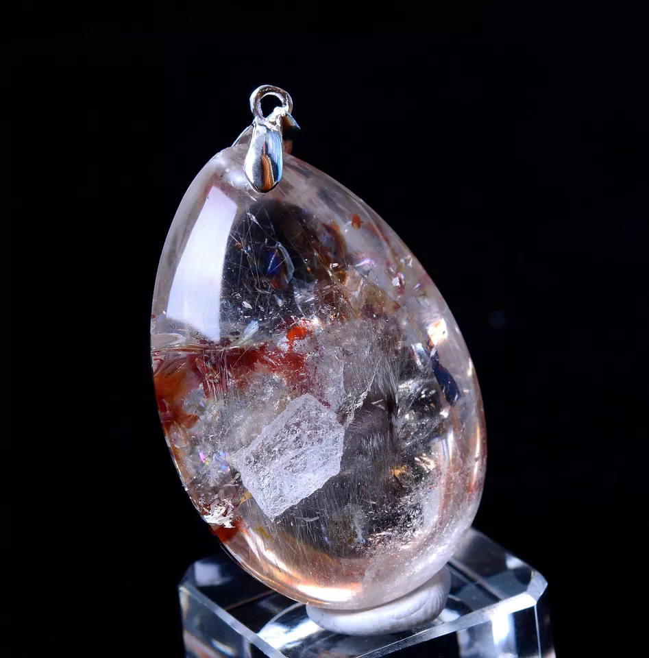 NATURAL SILVER RUTILATED QUARTZ TITANIUM CRYSTAL SILVER INLAID PENDANT 20.60g