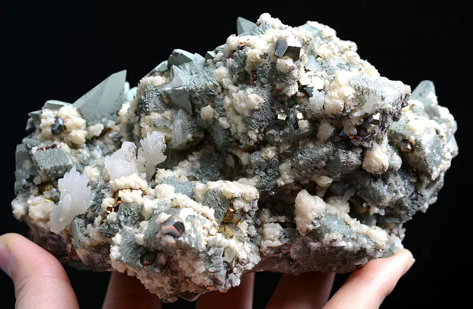 923g Natural Dipyramidal Green Calcite & Pyrite CLUSTER Mineral Specimen/China