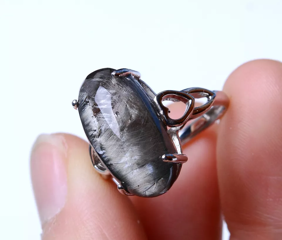 20.85ct Natural Silver Rutilated Quartz Titanium Crystal Adjustable Silver Ring