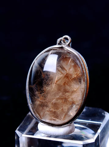 6.61g Natural Clear Quartz Gold Hair Rutilated Crystal Silver Inlaid Pendant