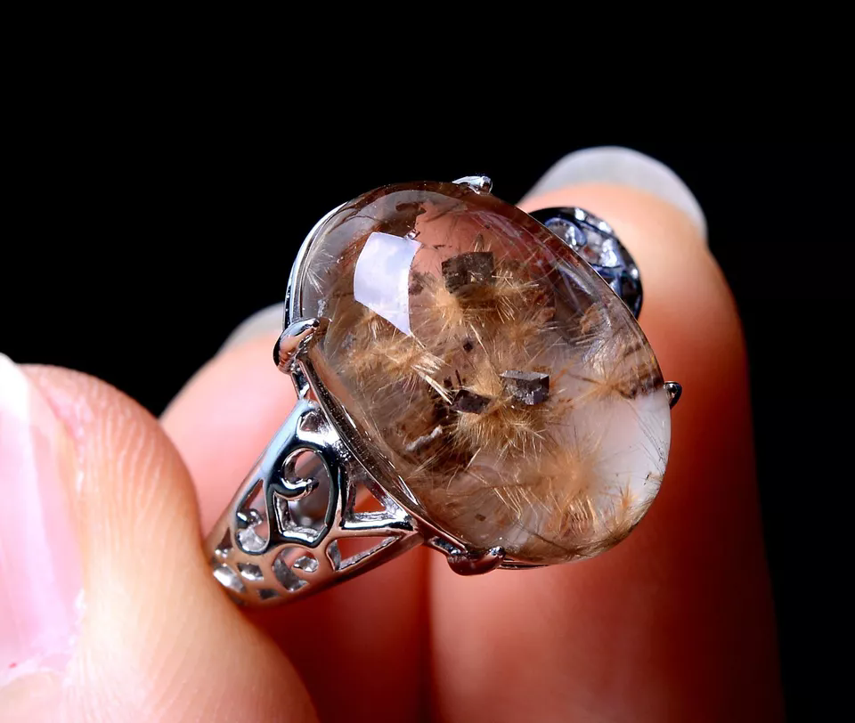 NATURAL CALCITE GOLD RUTILATED QUARTZ CRYSTAL RING SILVER INLAID ADJUSTABLE