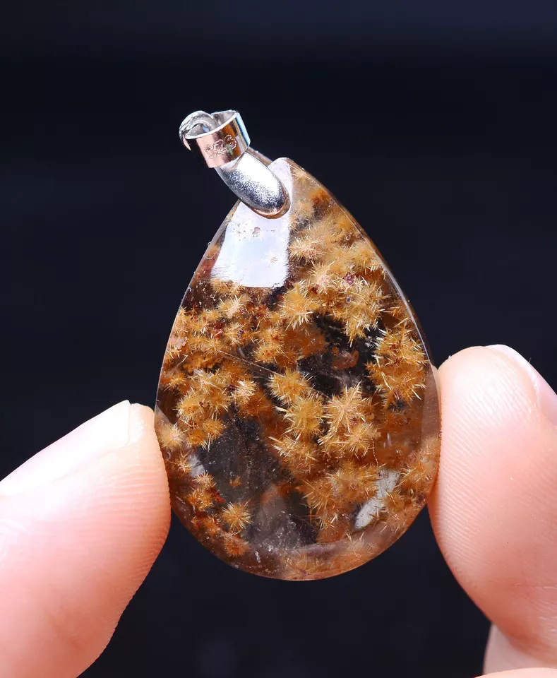 Natural Gold Rutilated Quartz Crystal "Stone Inside Stone" Silver Pendant 9.68g