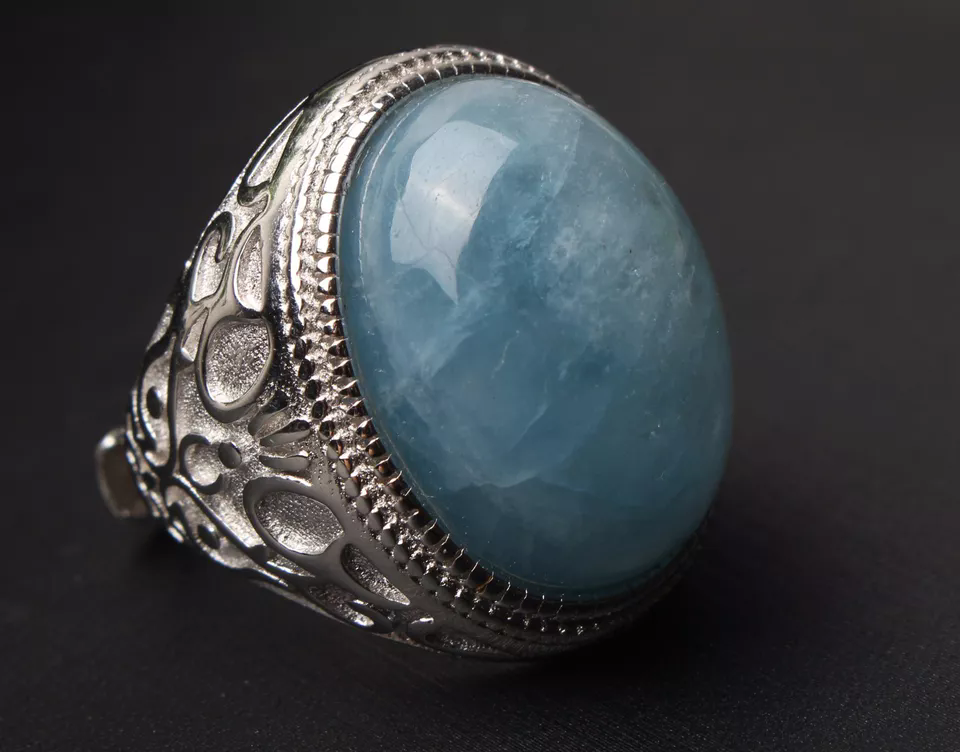 Natural Blue Aquamarine Gemstone  Bead Adjustable Woman Ring 21.5x14.5x10mm