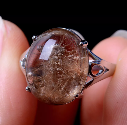 NATURAL GOLD RUTILATED QUARTZ CRYSTAL CURE WOMAN RING SILVER INLAID ADJUSTAB