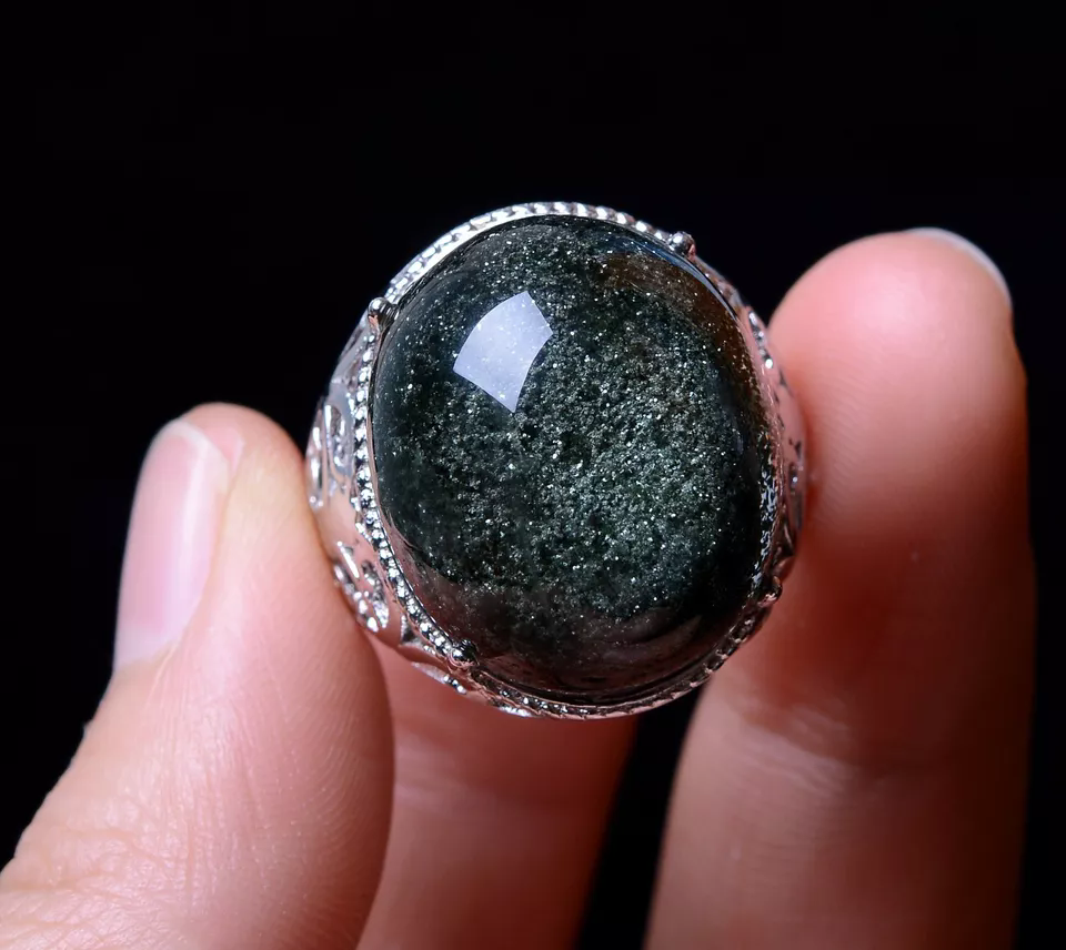 Rare Natural Green Ghost Crystal Healing Wealth Men Adjustable Ring 21*18*13mm