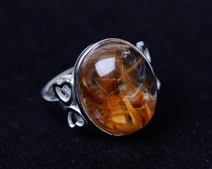 29.05ct NATURAL GOLD HAIR RUTILATED QUARTZ RING SILVER PLATED ADJUSTABLE