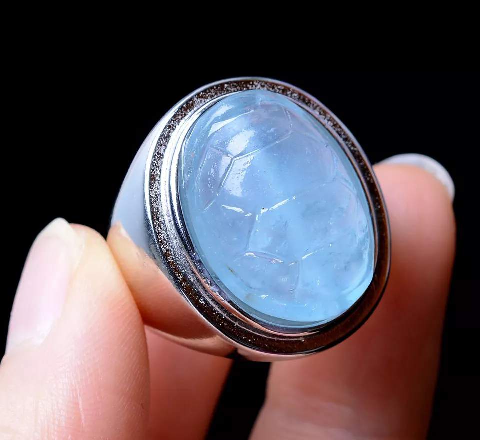 62.45CT NATURAL BLUE AQUAMARINE GEMSTONE BEAD CURE CARVING RING ADJUSTABLE