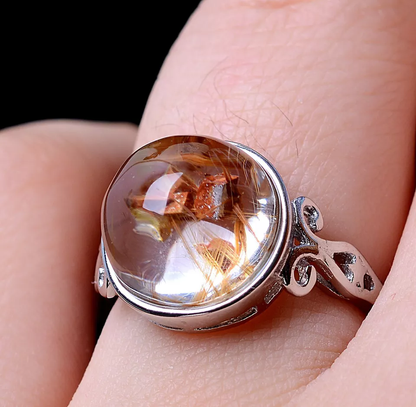 18.21CT BEAUTIFUL NATURAL CALCITE GOLD RUTILATED QUARTZ CRYSTAL RING ADJUSTABLE