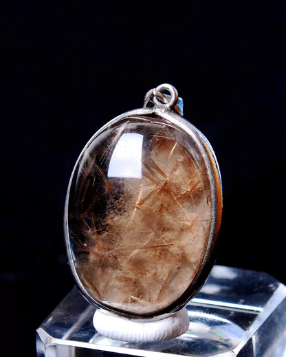 6.61g Natural Clear Quartz Gold Hair Rutilated Crystal Silver Inlaid Pendant