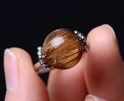 Natural Gold Rutilated Quartz Crystal Powerful Ring Silver Plated  Adjustable