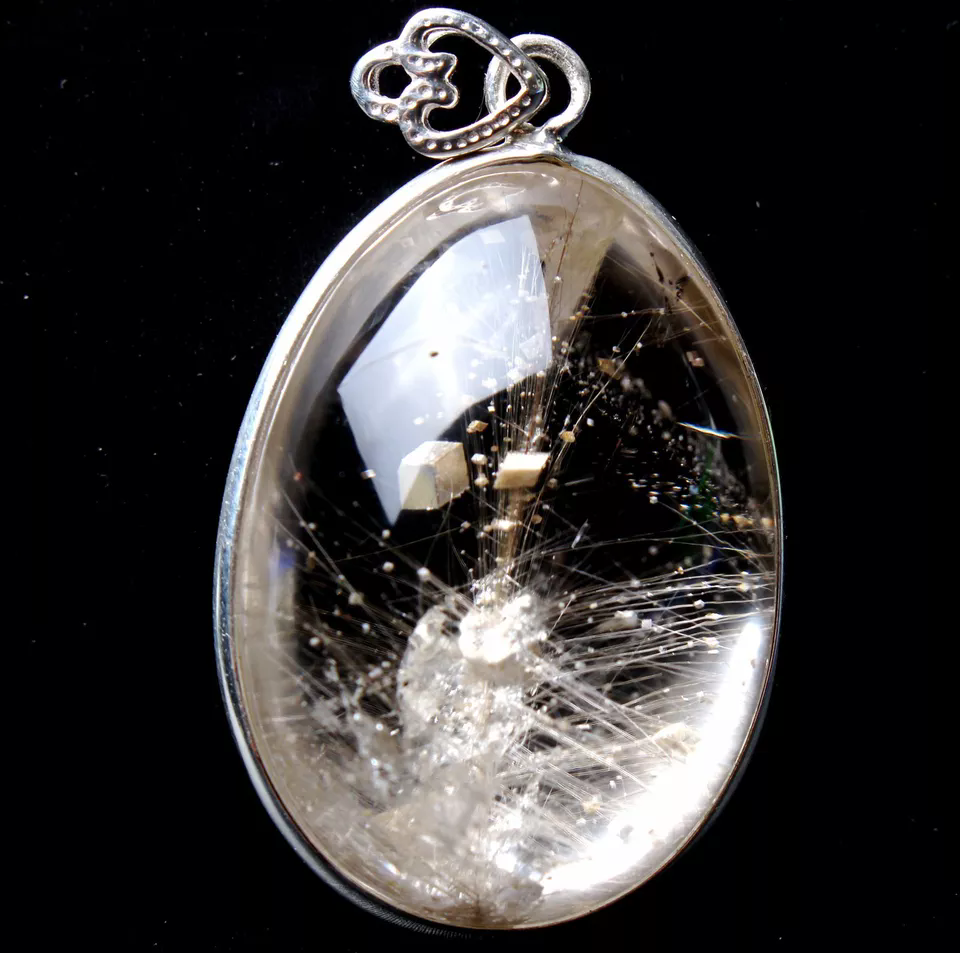 14.5g Rare Natural Gold Rutilated Quartz Crystal Calcite Silver Inlaid Pendant