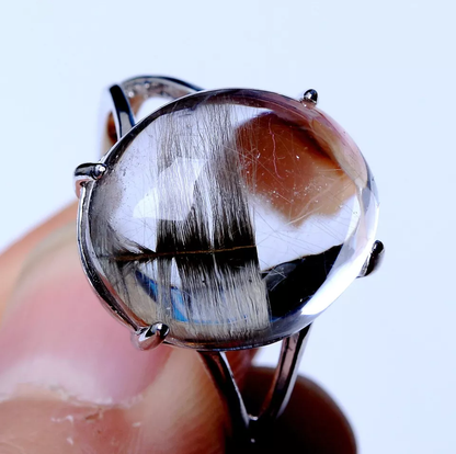 Natural Silver Gold Rutilated Quartz Titanium Crystal Adjustable Silver Ring