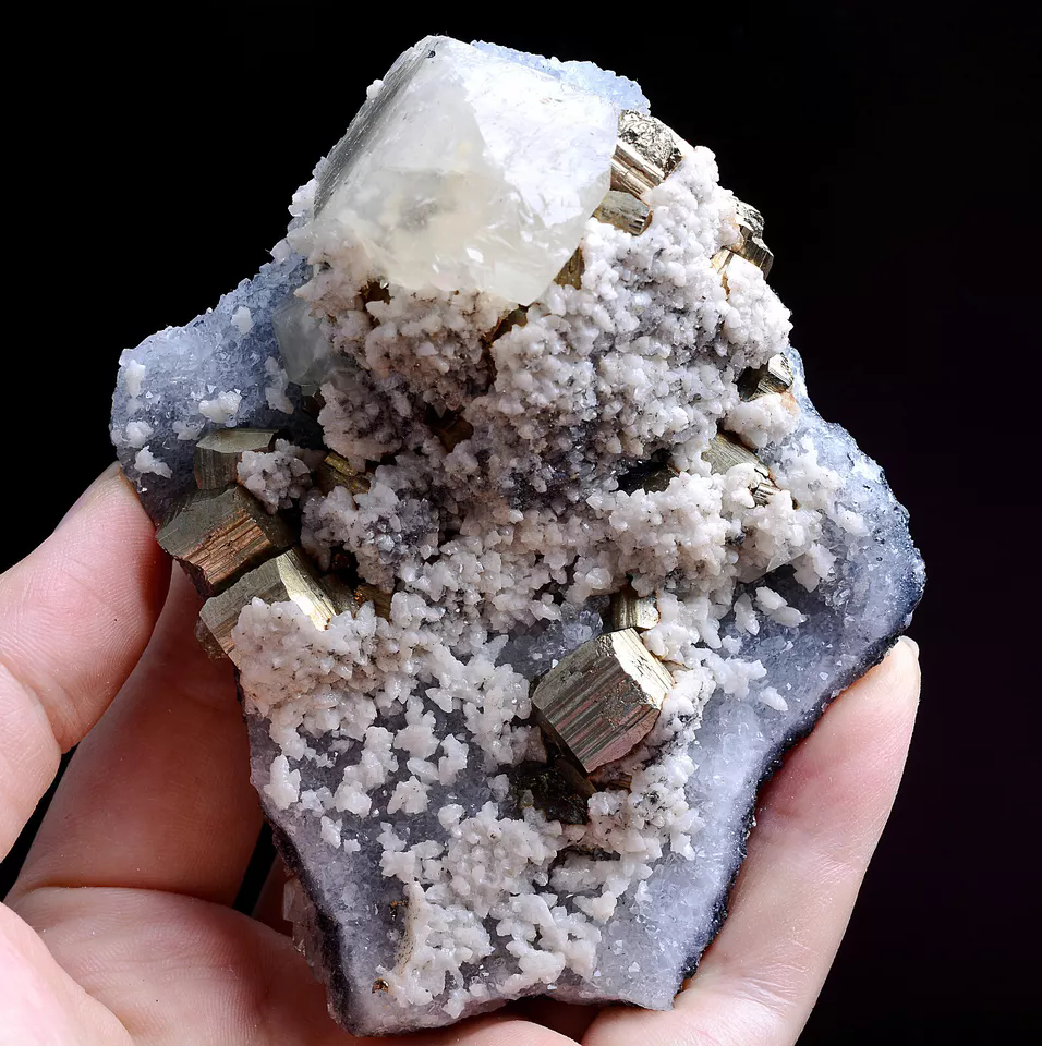 258g Natural Pink Fluorescence Benz Calcite & Pyrite Mineral Specimen/China