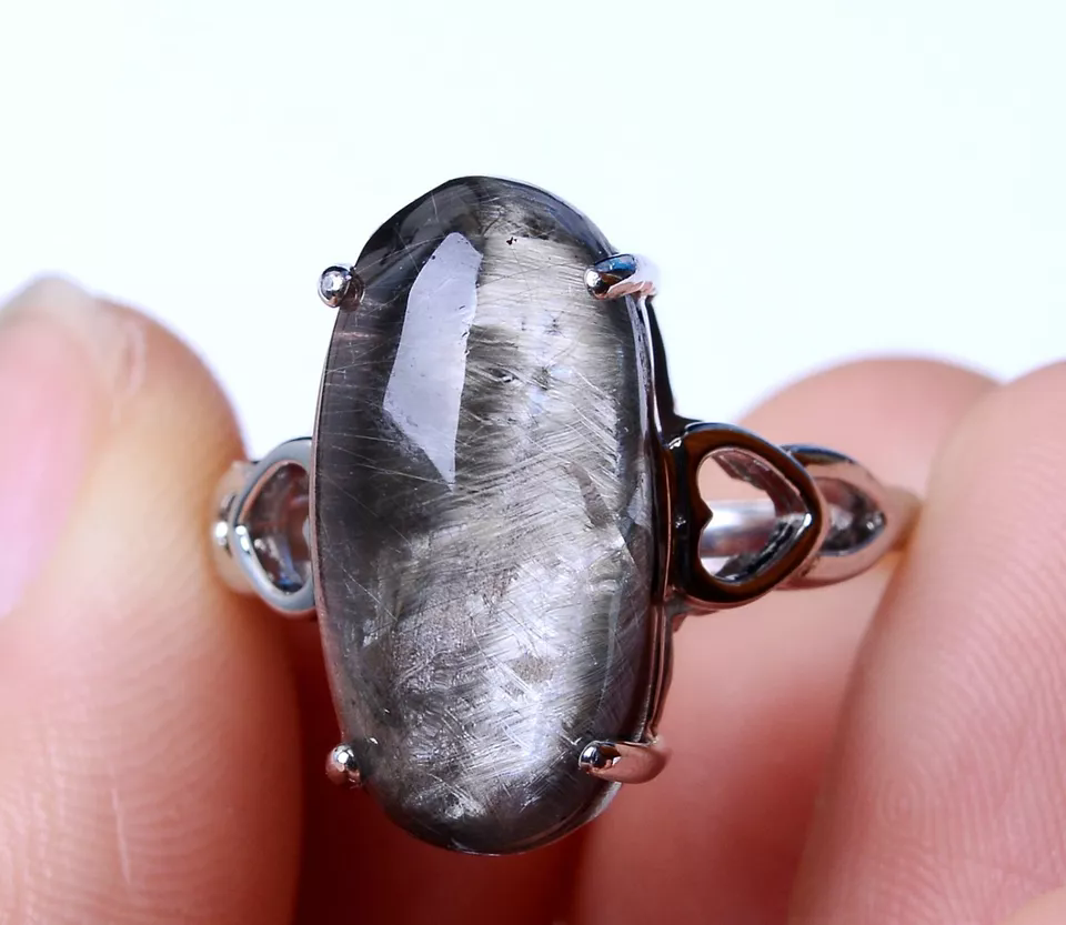 20.85ct Natural Silver Rutilated Quartz Titanium Crystal Adjustable Silver Ring