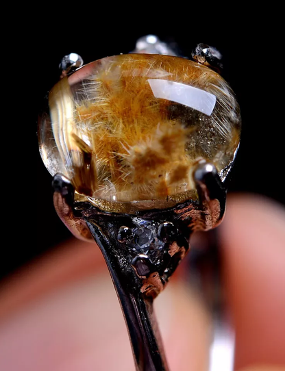 7.8ct Natural Transparent Rare Gold Hair Rutilated Quartz Woman Adjustable Ring