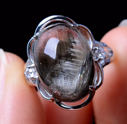 NATURAL SILVER RUTILATED QUARTZ TITANIUM CRYSTAL ADJUSTABLE SILVER INLAID RING