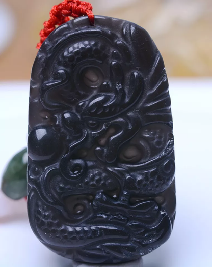 Natural Gold Obsidian Crystal Dragon Brand Shape Man & Woma Pendant 29.79g