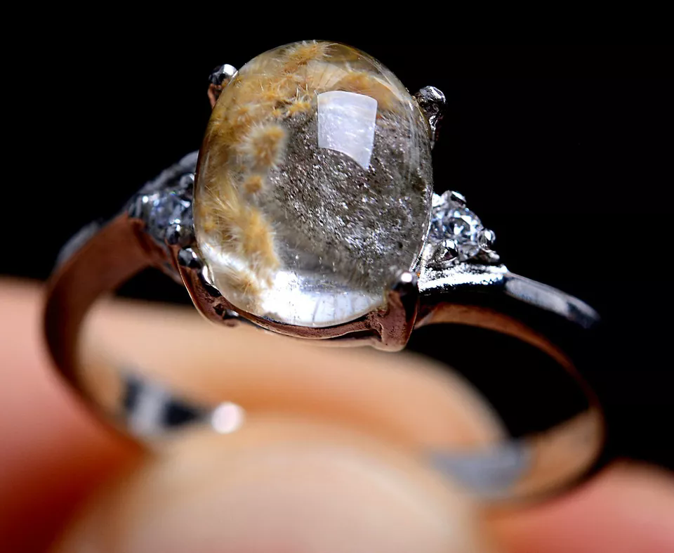 9ct Natural Transparent Rare Gold Hair Rutilated Quartz Woman Adjustable Ring