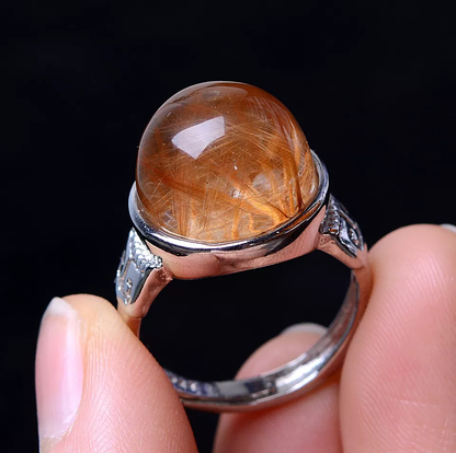 36.60CT NATURAL GOLD HAIR RUTILATED QUARTZ RING SILVER PLATED ADJUSTABLE