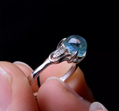 1.79g Natural Blue Aquamarine Gem Grade Bead Adjustable Silver Inlaid Lady Ring