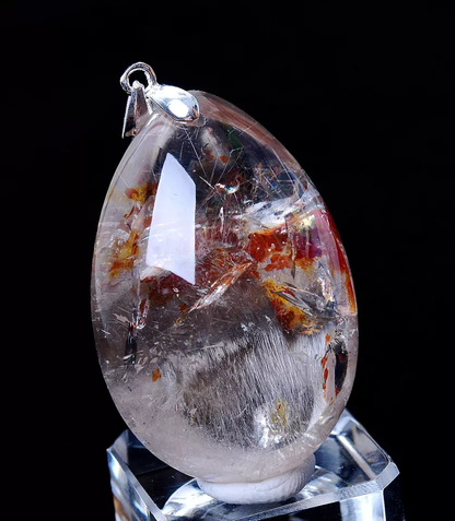 NATURAL SILVER RUTILATED QUARTZ TITANIUM CRYSTAL SILVER INLAID PENDANT 20.60g