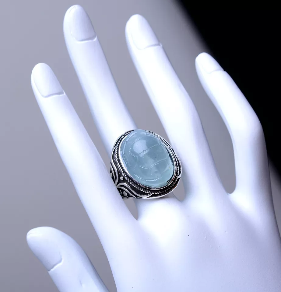 60.65ct Natural Blue AQUAMARINE GEMSTONE Carving Silver plated Ring Adjustable