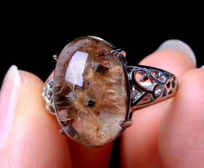 NATURAL CALCITE GOLD RUTILATED QUARTZ CRYSTAL RING SILVER INLAID ADJUSTABLE