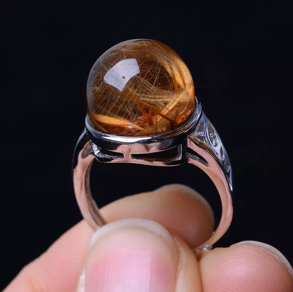 NATURAL GOLD HAIR RUTILATED QUARTZ CIRCULAR BEAD RING Silver Plated ADJUSTABLE