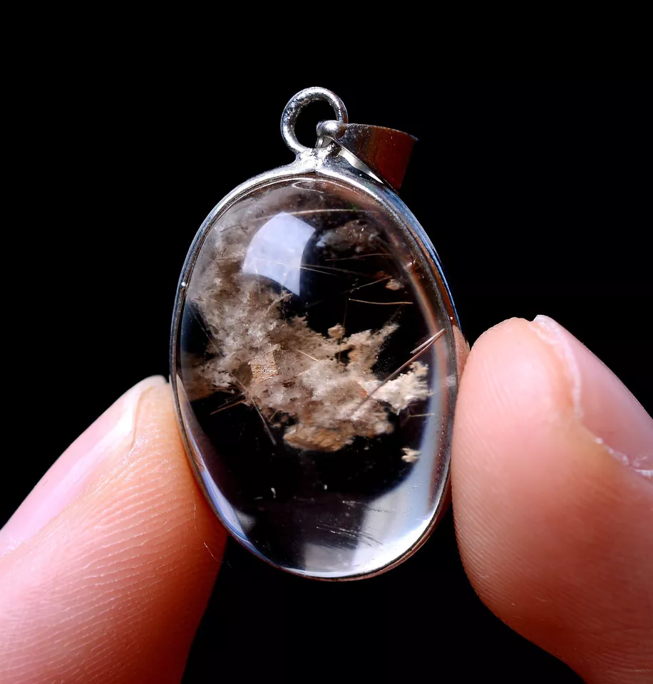 6.19g Rare Transparent Natural Calcite Gold Hair Crystal Pendant Silver Inlaid