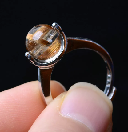 15.7ct Natural Gold Rutilated Quartz Crystal Woman Cure Powerful Ring Adjustable