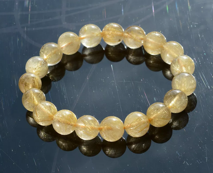 11mmNatural Brazil Gold Hair Rutilated Quartz  StretchBeads Wealth Man Bracelet