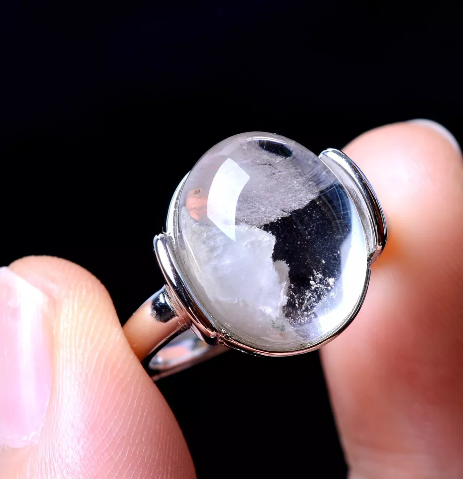 14*14*8mm Natural Clear Rutilated "Stone Inside Stone"Quartz Crystal Ring