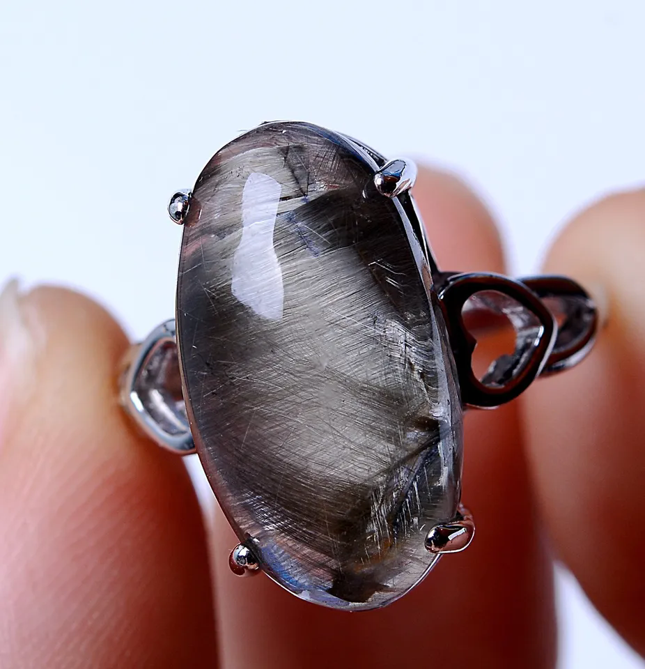 22.80ct Natural Silver Rutilated Quartz Titanium Crystal Adjustable Silver Ring